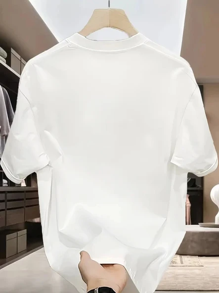 Baskılı Oversize Bisiklet Yaka T-shirt - Beyaz - 4