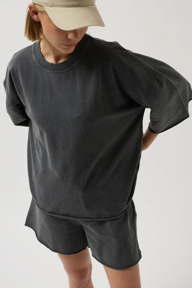 Oversize Lazer Kesim Bisiklet Yaka T-Shirt - 4