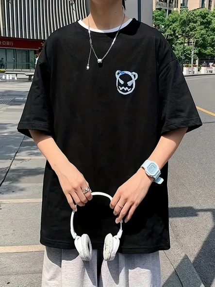 Baskılı Oversize Bisiklet Yaka T-shirt - Siyah - 4