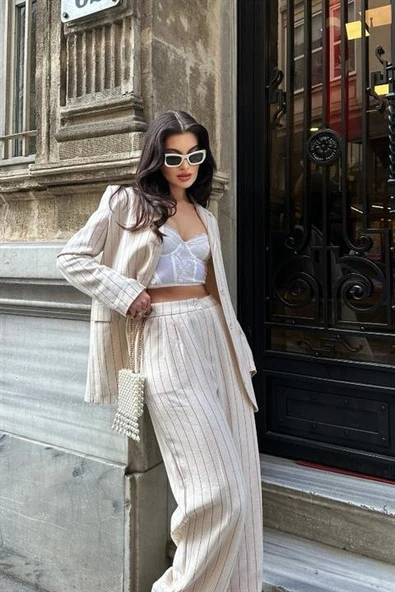 Çizgili Keten Takım 9425-22 - Resim 3