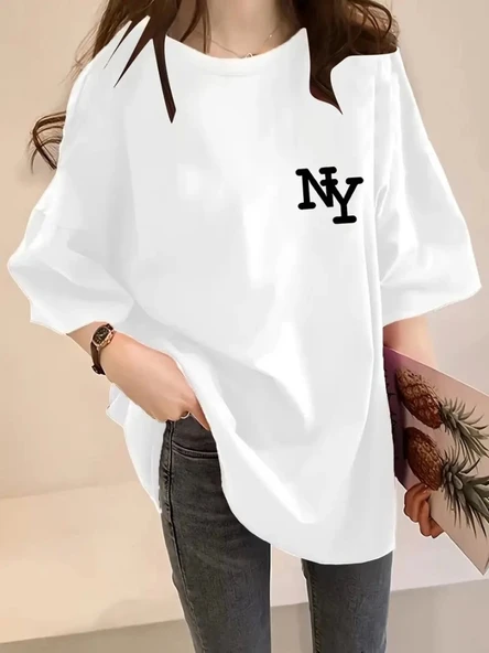 Baskılı Oversize Bisiklet Yaka T-shirt - Beyaz - 2