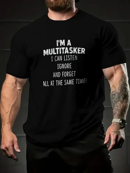 Baskılı Oversize Bisiklet Yaka T-shirt - Siyah - 1