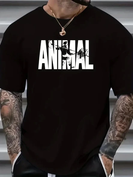 ANIMAL Desen Baskı Erkek Oversive Tişört, Grafik Tişört Erkek Yazlık Outdoor Kıyafetleri, Sporda Ve Günlük Giyime Uygun  - Siyah - 1