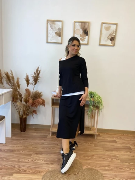 Kadın Uzun Kollu Tek Omuzu Açık Viskon Bluz Içi Atletli Ve Yandan şeritli üçlü Viskon Ikili Takım - Resim 7