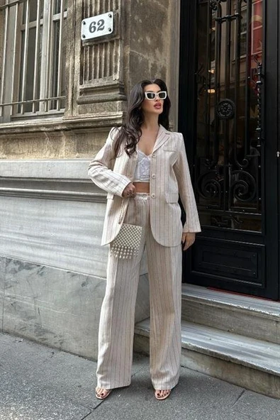 Çizgili Keten Takım 9425-22 - Resim 2