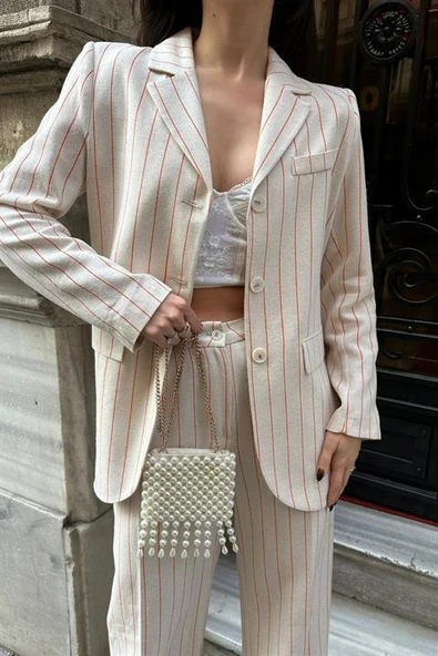 Çizgili Keten Takım 9425-22 - Resim 5