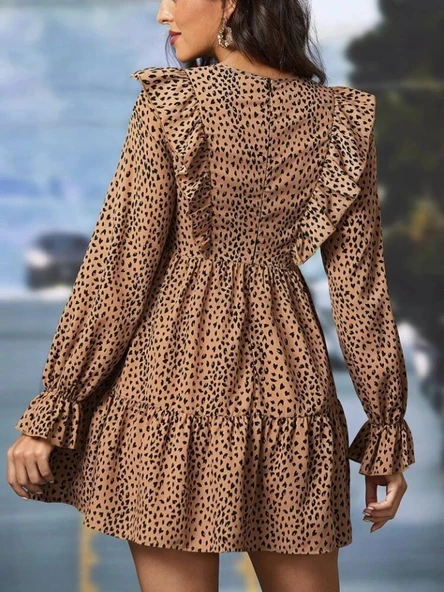 Kadın Uzun Kollu Yaka Ve Sırt Fırfır Detay Mikro Mini Boy Elbise - Resim 3