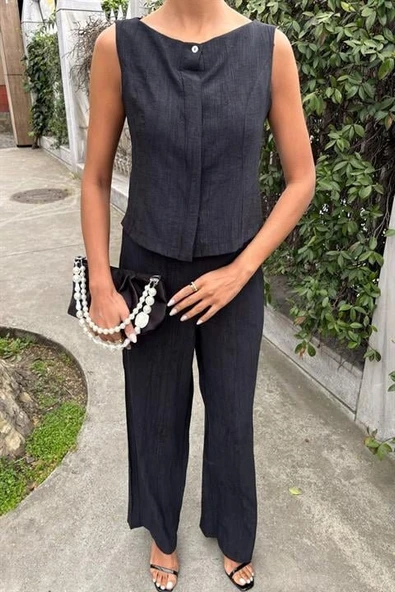 Sıfır Kollu Bluz Batik Desenli Pantolon İkili Takım 10181-08 - Resim 4