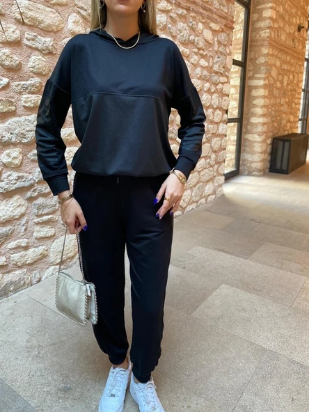 Kadın Uzun Kollu Kapüşonlu Oversize Sweat Ve Pantolon Ikili Takım - Resim 5