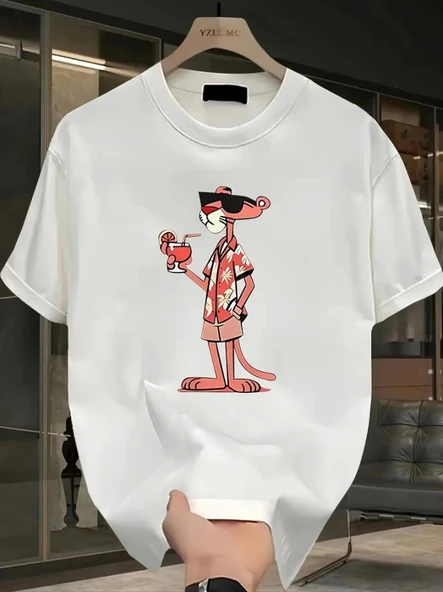 Baskılı Oversize Bisiklet Yaka T-shirt - Beyaz - 1