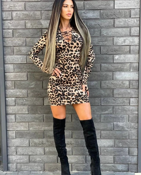 Kadın örme Viskon Kumaş Leopar Desenli çapraz Göğüs Detay Mini Boy Elbise - Resim 3