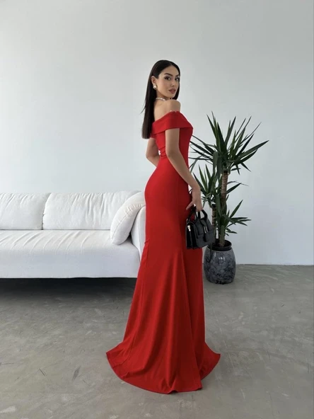 Kadın Dalgıç Kumaş Kayık Yaka Ve Dekolte Detaylı Elbise - Resim 5