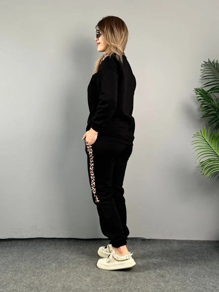 Kadın üç Iplik Kumaş Leopar Desenli Dantel Detaylı Ikili Takım - Resim 4