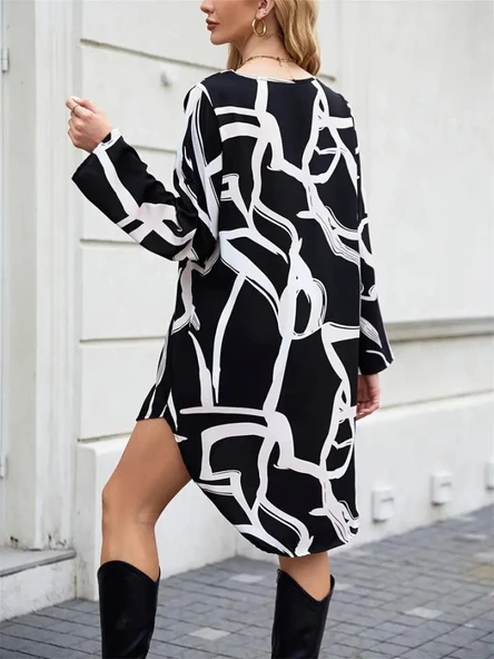 Kadın Uzun Kollu V Yakalı Desenli Dalgıç Elbise - Resim 2