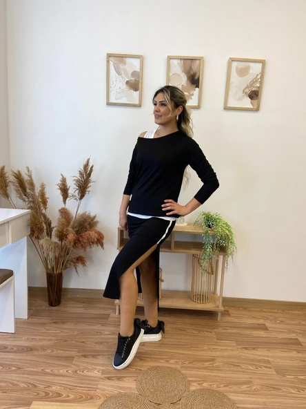 Kadın Uzun Kollu Tek Omuzu Açık Viskon Bluz Içi Atletli Ve Yandan şeritli üçlü Viskon Ikili Takım ürün görseli