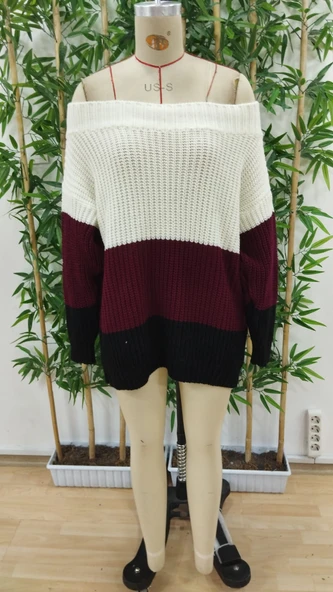 Kadın Uzun Kollu Madonna Yaka çizgi Desenli Salaş Triko - Resim 4