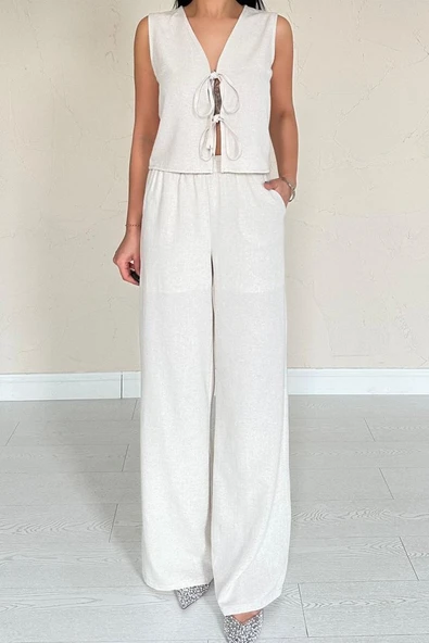 Bej Önü Fiyonklu Keten Takım - Resim 3