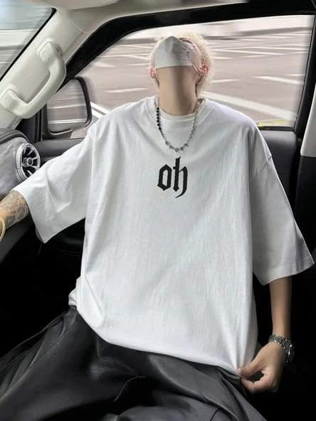 Baskılı Oversize Bisiklet Yaka T-shirt - Beyaz - 1