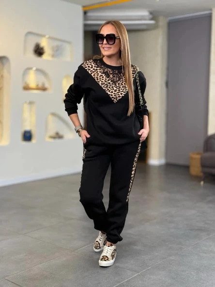 Kadın üç Iplik Kumaş Leopar Desenli Dantel Detaylı Ikili Takım - Resim 7