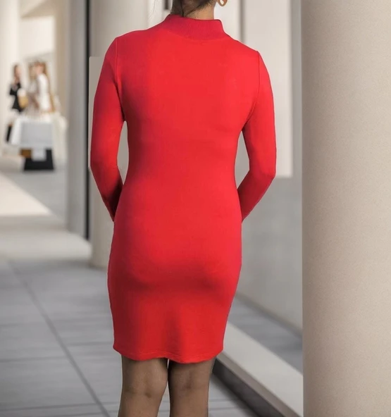 Kadın Uzun Kollu Bisiklet Yaka Lazer Kesim Inci Detay Viskon Iki Iplik Mini Boy Elbise - Resim 6