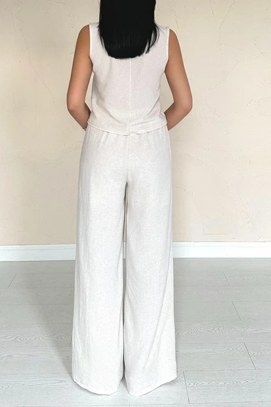 Bej Önü Fiyonklu Keten Takım - Resim 4