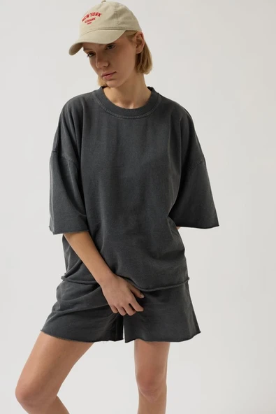 Oversize Lazer Kesim Bisiklet Yaka T-Shirt - 1