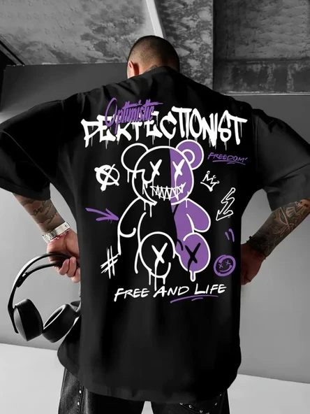 Baskılı Oversize Bisiklet Yaka T-shirt - Siyah - 1