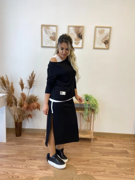 Kadın Uzun Kollu Tek Omuzu Açık Viskon Bluz Içi Atletli Ve Yandan şeritli üçlü Viskon Ikili Takım - Resim 6