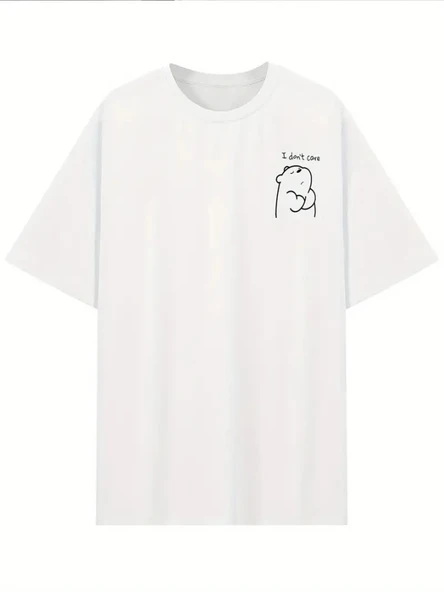 Baskılı Oversize Bisiklet Yaka T-shirt - Beyaz - 3