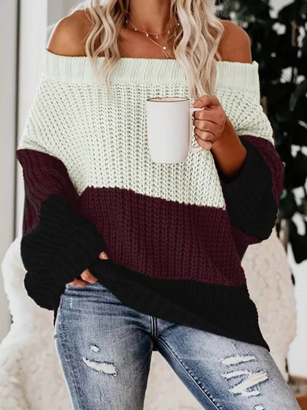 Kadın Uzun Kollu Madonna Yaka çizgi Desenli Salaş Triko ürün görseli