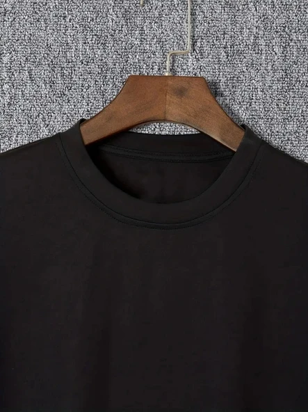 Baskılı Oversize Bisiklet Yaka T-shirt - Siyah - 2