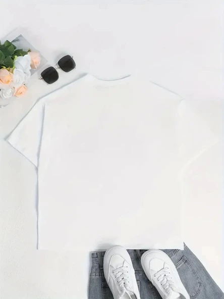 Baskılı Oversize Bisiklet Yaka T-shirt - Beyaz - Resim 4