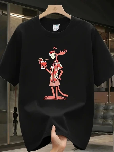 Baskılı Oversize Bisiklet Yaka T-shirt - Siyah - 1
