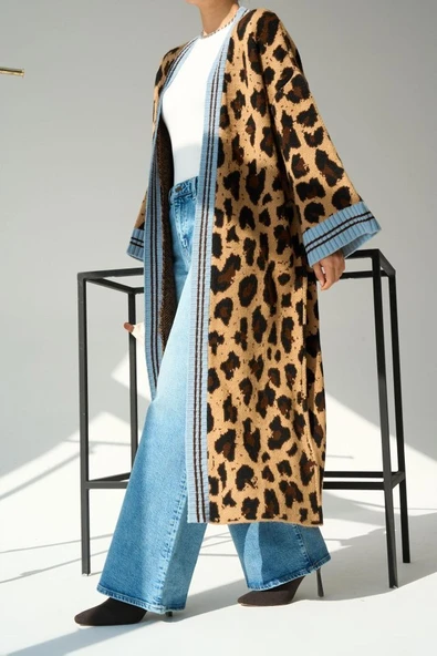 Uzun Leopar Hırka - Camel-Mavi - 1