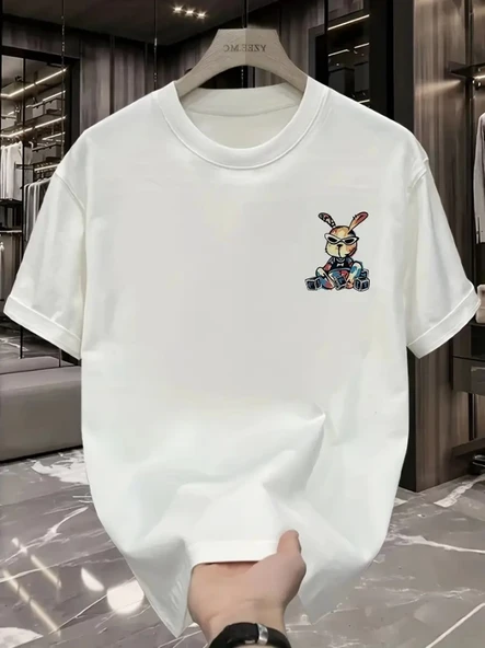 Baskılı Oversize Bisiklet Yaka T-shirt - Beyaz - Resim 2