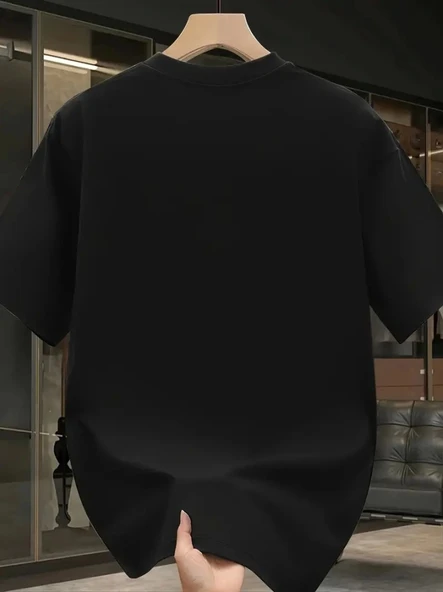 Baskılı Oversize Bisiklet Yaka T-shirt - Siyah - 2