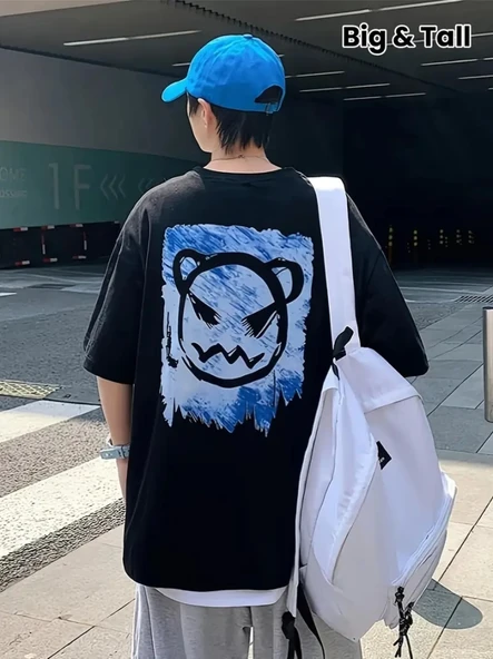 Baskılı Oversize Bisiklet Yaka T-shirt - Siyah - 1