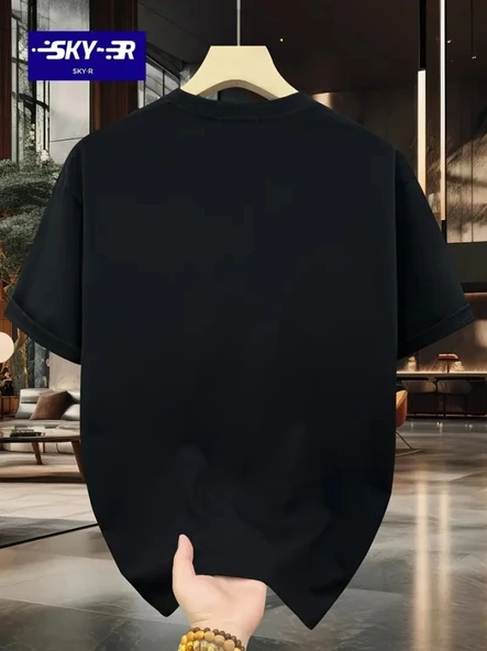 Baskılı Oversize Bisiklet Yaka T-shirt - Siyah - 2