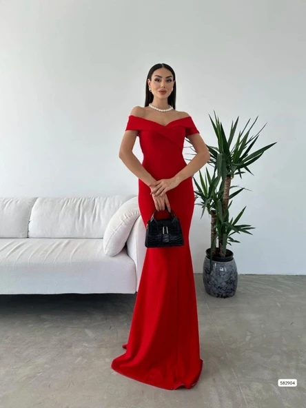 Kadın Dalgıç Kumaş Kayık Yaka Ve Dekolte Detaylı Elbise - Resim 4