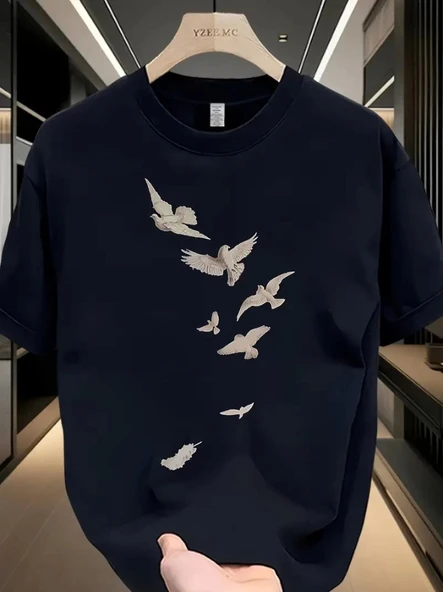 Baskılı Oversize Bisiklet Yaka T-shirt - Beyaz ürün görseli