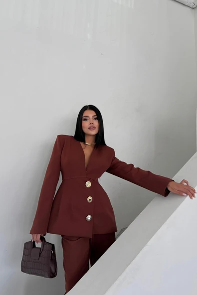 TASARIM CEKET-PANTOLON TAKIM METAL DÜĞME DETAYLI - Kahverengi - 3
