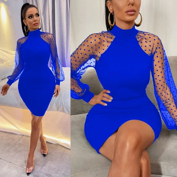 Kadın Uzun Kollu Kollar Tül Puantiye Detay Dalgıç Mini Boy Elbise ürün görseli