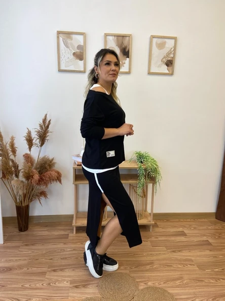 Kadın Uzun Kollu Tek Omuzu Açık Viskon Bluz Içi Atletli Ve Yandan şeritli üçlü Viskon Ikili Takım - Resim 2