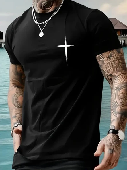 Baskılı Oversize Bisiklet Yaka T-shirt - Siyah - 1
