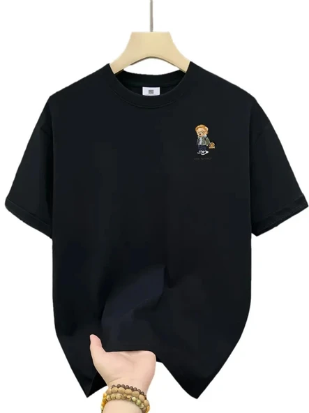 Baskılı Oversize Bisiklet Yaka T-shirt - Siyah - 1