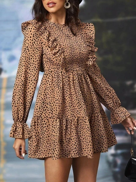 Kadın Uzun Kollu Yaka Ve Sırt Fırfır Detay Mikro Mini Boy Elbise ürün görseli