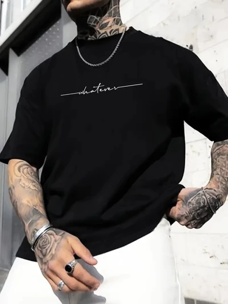 Baskılı Oversize Bisiklet Yaka T-shirt - Siyah - 1