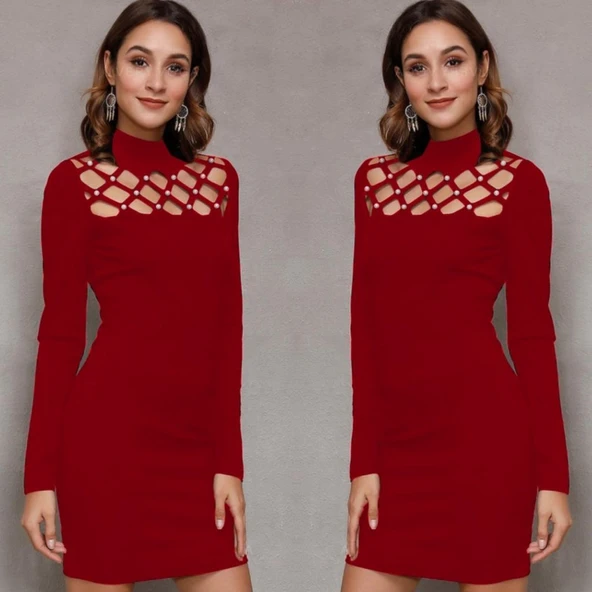 Kadın Uzun Kollu Bisiklet Yaka Lazer Kesim Inci Detay Viskon Iki Iplik Mini Boy Elbise - Resim 3