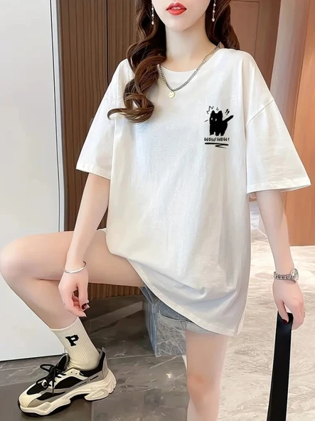 Baskılı Oversize Bisiklet Yaka T-shirt - Beyaz - 1