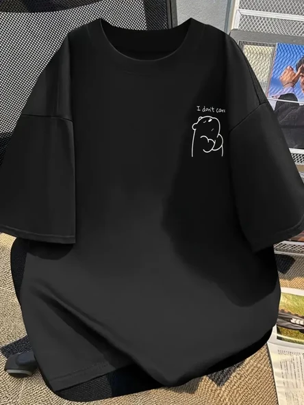 Baskılı Oversize Bisiklet Yaka T-shirt - Siyah ürün görseli